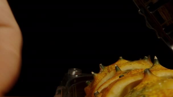 Ein Plastikgefäß Mit Stacheligen Gurkenstücken Verschließen Dolly Slider Extreme Nahaufnahme — Stockvideo
