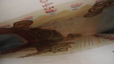 Kamera kotun cebindeki makro görüntüyü yakalıyor. Ön planda 100 ruble banknot var..
