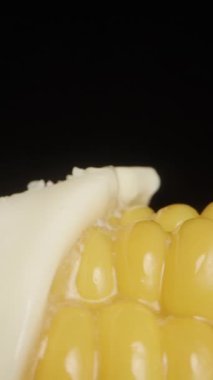 Dikey video. Bir parça tereyağı kaynamış mısırın üzerinde eriyor. Siyah arka planda yakın çekim. Kaydırıcı