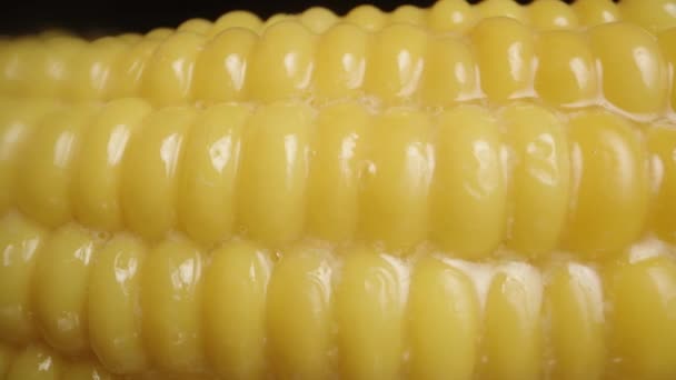 融化的黄油滴在煮熟的玉米的籽粒上 用滑块的运动进行宏观喷射 — 图库视频影像