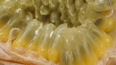 Masada yarı yarıya tutkulu bir meyve ve siyah bir arkaplan. İçinde tohumlar ve meyve suyu var. Dolly kaydırıcı aşırı yakın çekim.