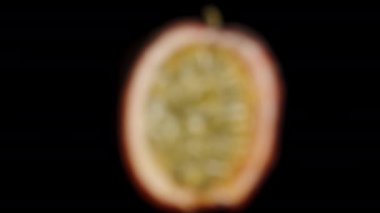 Odaklanma konsepti, kamera yavaş yavaş çarkıfelek meyve yarımlarına odaklanıyor, siyah bir arka plan üzerine..