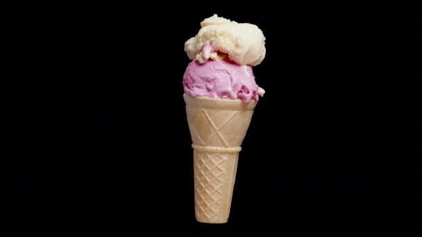 Waffle Cone Two Ice Cream Balls One Pink One Cream — Stock Video