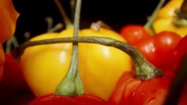 Sarı Habanero biberleri ve The Star of Turkey 'in kırmızı biberleri. Dolly kaydırıcı aşırı yakın çekim.