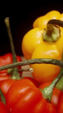 Dikey video. Masaya Habanero ve The Star türleri de dahil olmak üzere sarı ve kırmızı biber karışımı serpiştirilmiş. Dolly kaydırıcı aşırı yakın çekim.