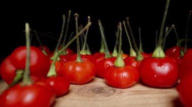 Habanero ve The Star türlerinin sarı ve kırmızı baharatlı biberlerini ellerimle kameraya doğru kaydırıyorum. Dolly kaydırıcı aşırı yakın çekim.