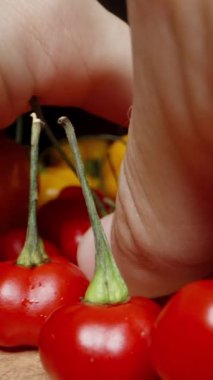 Dikey video. Kameraya Habanero ve Habanero Yıldızı 'nın sarı ve kırmızı baharatlı biber karışımlarını getirdim. Kapat.