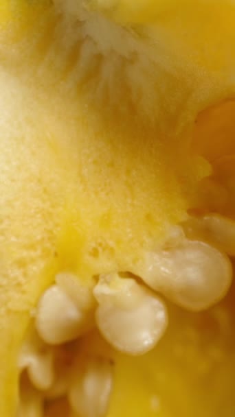 垂直录像 一半的哈巴内罗黄色胡椒 背景是黑色的种子 模拟下降 宏观变焦 孤立的观点 — 图库视频影像