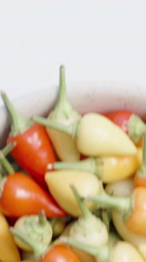Dikey video. Yukarıdan bakıldığında beyaz bir masaya bir tabak karışık Rosemary Mini Chili biberi koyuyorum. Kaydırıcı