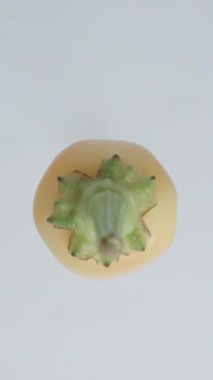 Dikey video. Beyaz arka planda dönen yeşil biberiyeli kırmızı biberin yakın çekim alt görüntüsü, izole..