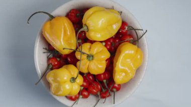 Türkiye Yıldızı ve Habanero 'nun mini biberli beyaz bir tabak beyaz arka planda üst perdeden dönüyor.