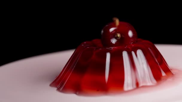 Red Jelly Cherry Top Suddenly Appears Frame Close Slow Motion — Stock Video