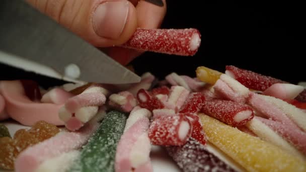 Mix Gummy Candies Various Shapes Take Red Stick Coated Sugar — Stock Video