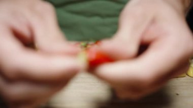 Mini kırmızı biberi kameraya yaklaştırıyorum ve yavaşça ona odaklanıyor. Sonra saplarını koparıyorum..