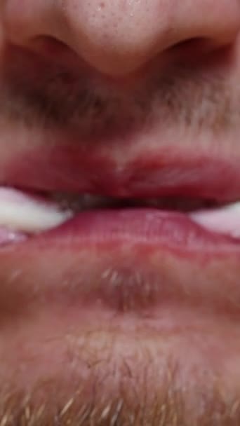 Dikey Video Sakallı Bir Adam Pembe Marmelat Çubuğunu Şekerle Ikiye — Stok video