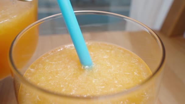 Pour More Orange Juice Pulp Glass Top View Close — Stock Video