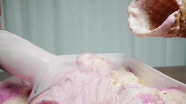 Dondurma Kepçesini Kullanarak Bir Kepçe Dondurma Yapıp Waffle Külahının Içine — Stok video