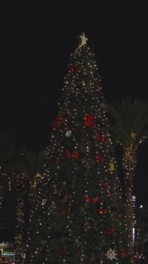 Dikey video. Gece vakti tropikal şehir Noel için bir Noel ağacı ve dönme dolapla süslenir..