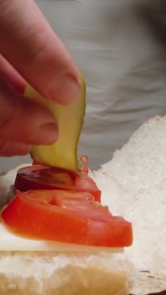 Kadın Dilimlenmiş Salatalık Dilimlerini Domates Dilimlerine Yerleştiriyor Hepsi Sosisli Ekmeğin — Stok video