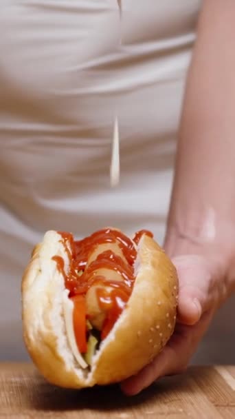 Top Ketchup Hot Dog Sausage Woman Also Pours Mayonnaise Slow — Stock Video