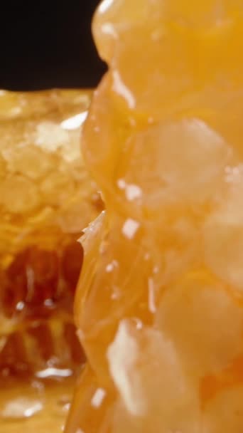 垂直录像 蜂蜜流过背景中切割的蜂蜡梳子 而在前景中 蜂蜜被密封在梳子中 多利滑翔机极端特写 — 图库视频影像