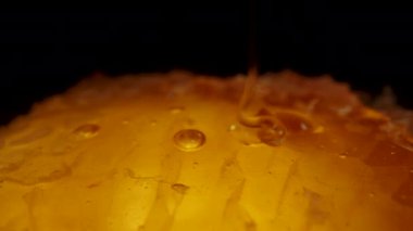 Bal, siyah arka planda altın bal peteklerine dökülüyor. Macro Dolly