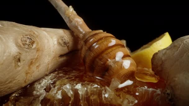 ショウガとレモンが付いている蜂蜜の蜂蜜 風邪のための医学のレシピの概念 蜂蜜はスプーンから流れ出る ドリースライダー極端なクローズアップ — ストック動画