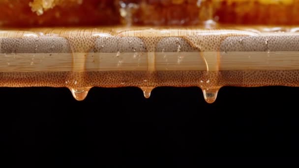 Drops Honey Dripping Wooden Board Black Background Close Camera Tilt — Stock Video