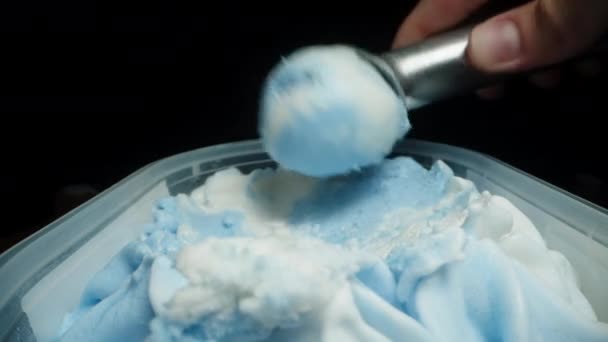 Roll Scoop Blue White Ice Cream Place Waffle Cone Close — Stock Video