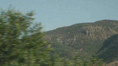 Arabayla seyahat ederken, ağaçların arasından yüksek bir dağın manzarası açılır..