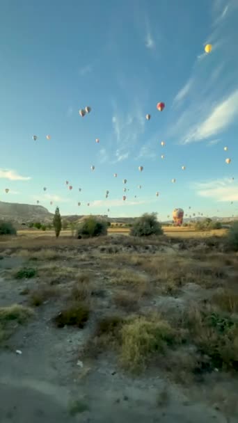 バーティカルビデオ 夜明けに何百もの熱気球が同時に飛んでいる カッパドキア — ストック動画