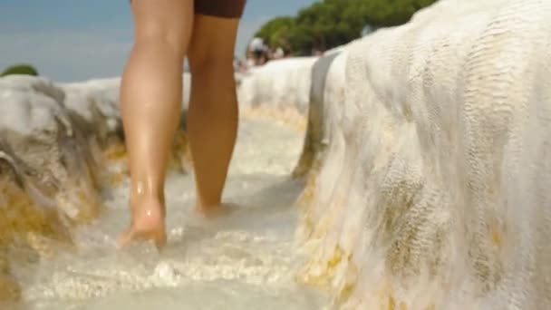 White Travertines Pamukkale Barefoot Woman Walks Ancient Channel Which Water — Stock Video