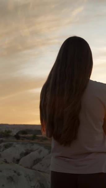 Vidéo Verticale Une Jeune Femme Tient Seule Bord Une Falaise — Video