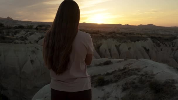 Поняття Самотності Молода Жінка Складеними Руками Спостерігає Заходом Сонця Краю — стокове відео