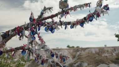 Türkiye dağlarının tepesindeki kuru bir ağaç nazarı savuşturmak için tılsımlarla süslenmiş..