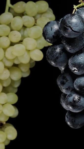 垂直录像 两串葡萄摇曳着 旋转着 黑莓和绿莓 在黑色背景上 — 图库视频影像