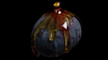 Mavi İncir bal damlalarıyla siyah arka planda döner. Yakın plan, bal damlıyor.