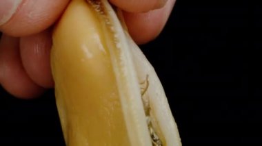 Yakından, midyenin dudaklarını açarım ve içini gösteririm..