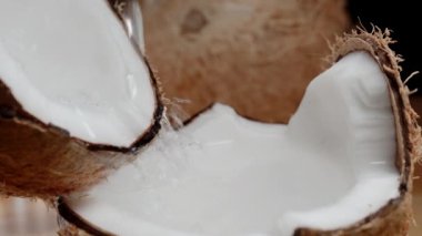 Hindistan cevizi sütü kırılan bir hindistan cevizinin yarısından yavaş çekimde akar ve damlar..
