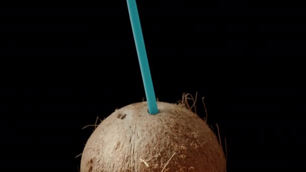 Szőrös Kókuszdió Kék Szívószállal Gyümölcslé Megivásához Fekete Háttérrel Egy Fénysugár — Stock videók