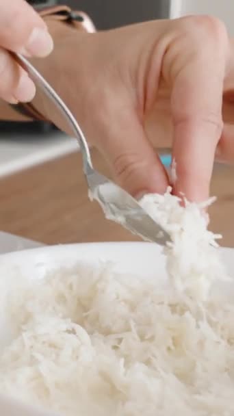 Vertical Video Woman Filling Ice Mold Coconut Shavings Candy Preparations — Stock Video