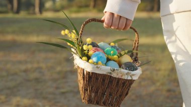 Elinde bir sepet Paskalya yumurtası, güneşli bir sabahta ormanda yürüyen beyazlı bir kadını takip etmek..