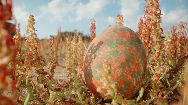 Easter Red Egg Hidden in Red Flowers Under a Blue Sky. Searches in the Forest.