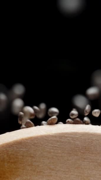 Vertical Video Chia Seeds Fall Wooden Spoon Slow Motion Macro — Stock Video