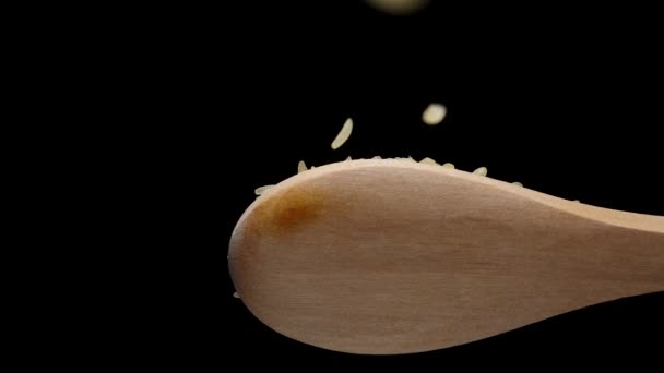 褐色的球状颗粒从木勺上掉下来 慢动作 — 图库视频影像