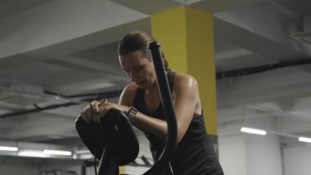 Sweat Drips Exhausted Young Woman She Works Out Elliptical Trainer — Stock Video