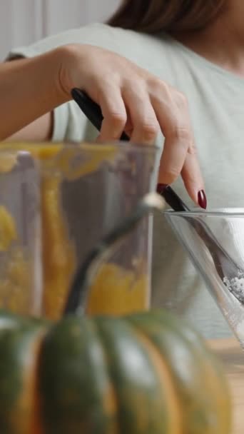 Vertical Video Pumpkin Cookie Recipe Woman Cracks Egg Bowl — Stock Video