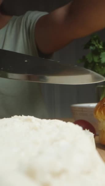 Vertical Video Preparing Homemade Burgers Woman Cuts Buns Half Ingredients — Stock Video