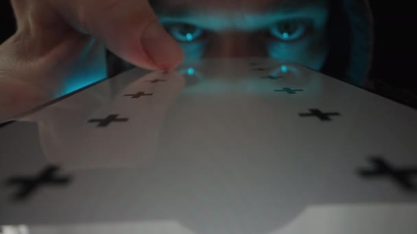 Man Hoodie Darkness Scrolls Smartphone Screen White Screen Layout Tracking — Video