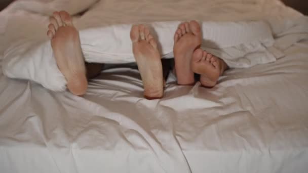Πόδια Ενός Άντρα Και Μιας Γυναίκας Κάτω Από Μια Κουβέρτα — Αρχείο Βίντεο